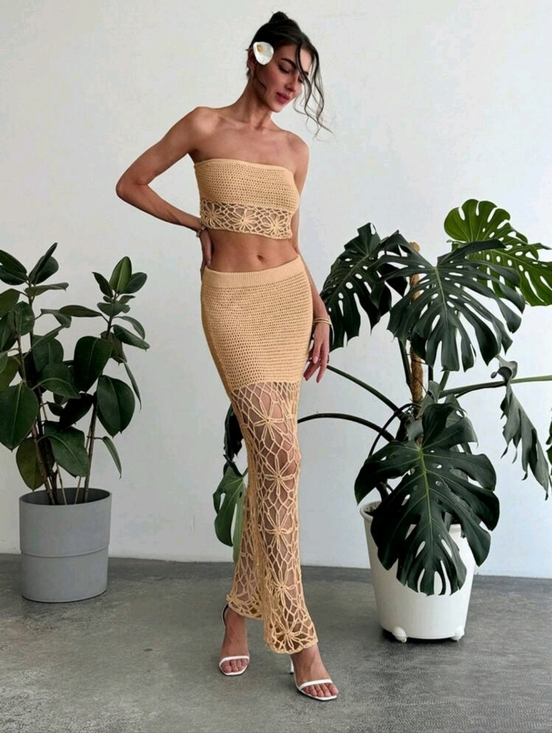 Dresses & Skirts - Beige Crochet Two-Piece Set | Strapless Top + Maxi Skirt | Boho Vacation Set | S